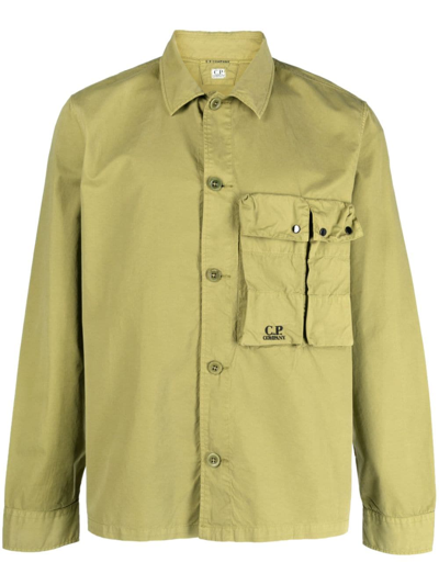 C.p. Company Logo-embroidered Chest-pocket Shirt In Green