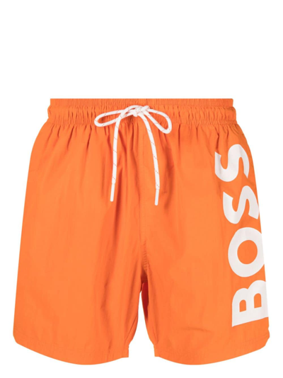Hugo Boss Octopus Logo-print Swim Shorts In Orange