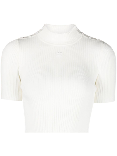 Courrèges Cropped Top In Ribbed Knit In White