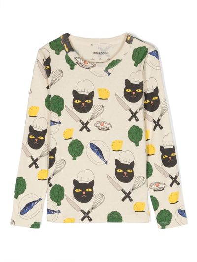 Mini Rodini Kids' Chef Cat Long-sleeve T-shirt In Beige