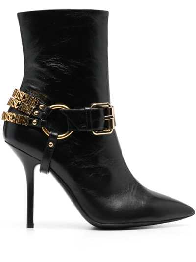 Moschino 100mm Logo-lettering Leather Boots In Black