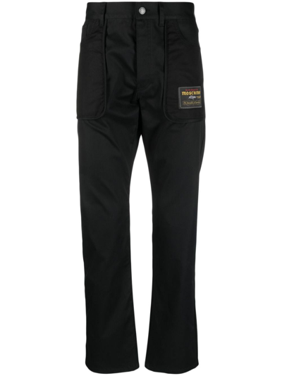 Moschino Logo-patch Straight-leg Trousers In Black