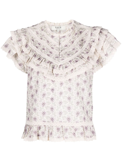 Sea Floral-print Cotton Frilled Blouse In Neutrals