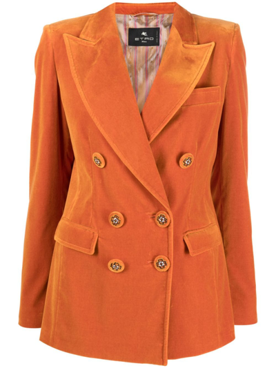 Etro Double-breasted Velvet Blazer In Orange