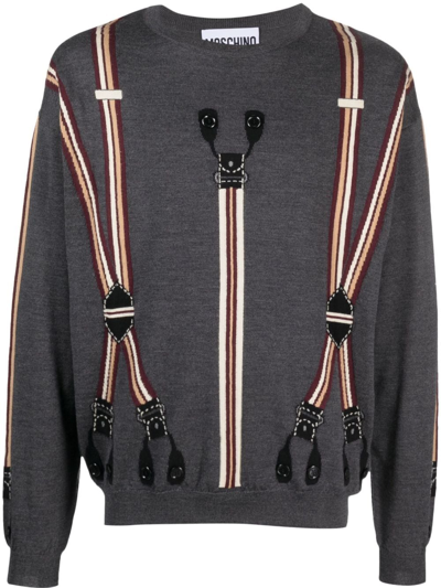 Moschino Suspenders-print Virgin Wool Jumper In Grey