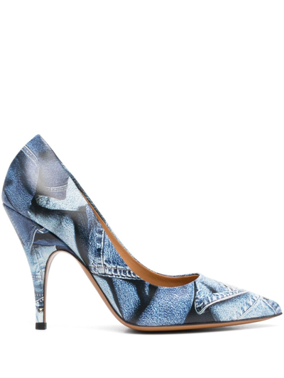 Moschino Jeans Denim-print 110mm Leather Pumps In Blue