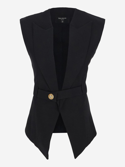 Balmain Black Belted Waistcoat With Jewel Button In Wool Woman