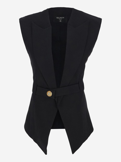 Balmain Black Belted Vest With Jewel Button In Wool Woman