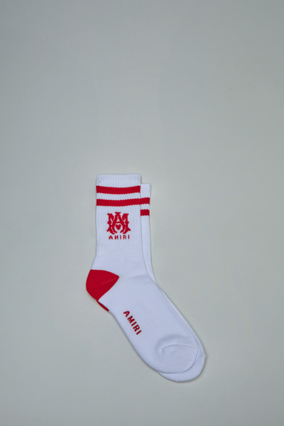 Amiri Intarsia-knitted Logo Socks In White Red