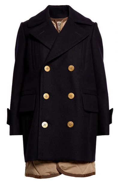 Sacai Layered Double-breasted Coat In Black