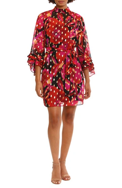 Donna Morgan For Maggy Floral Ruffle Flare Sleeve Dress In Black/ Red