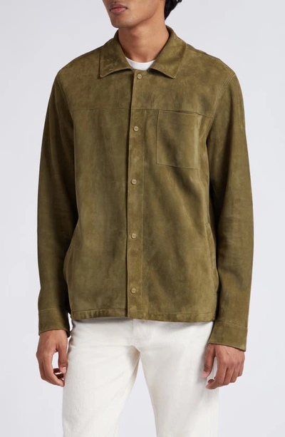 Herno Snap Front Suede Shirt Jacket In Military Green