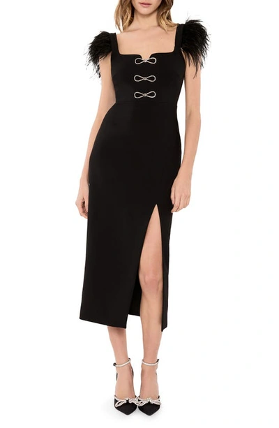 Likely Rizzo Crystal Bow Feather Trim Midi Dress In Black