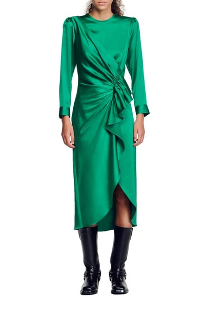 Sandro Ruffled Satin Midi Dress In Green