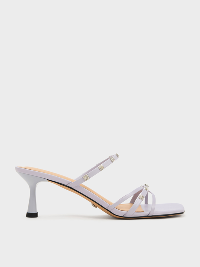 Charles & Keith Square Crystal-embellished Metallic Leather Heeled Mules In Lilac
