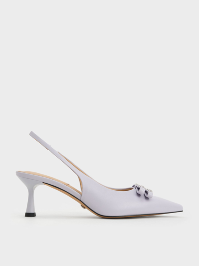 Charles & Keith Bow Crystal-embellished Leather Slingback Pumps In Lilac