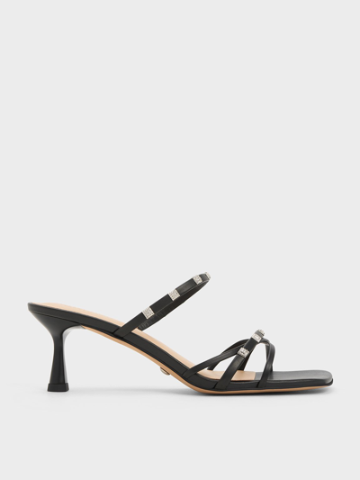 Charles & Keith Square Crystal-embellished Leather Heeled Mules In Black