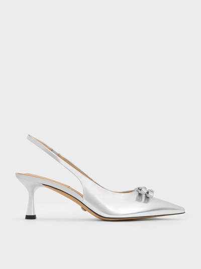 Charles & Keith Bow Crystal-embellished Metallic Leather Slingback Pumps In Silver