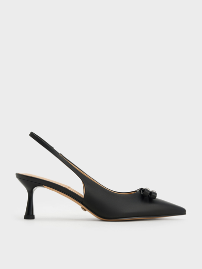 Charles & Keith Bow Crystal-embellished Leather Slingback Pumps In Black
