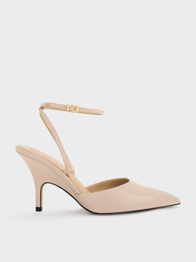 Charles & Keith Leather Ankle Strap Pumps In Nude