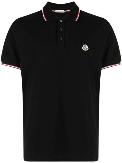 Moncler Logo Patch Cotton Polo Shirt In Black