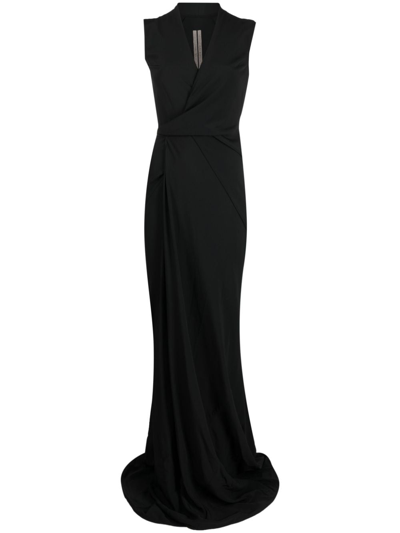 Rick Owens Plunging V-neck Draped Maxi Dress In 09 Black