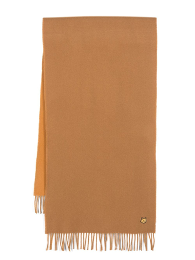 Maison Kitsuné Fox-patch Fringed Scarf In Camel