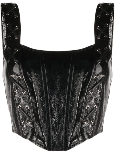 Alessandra Rich Leather Lace-up Bustier Top In Black
