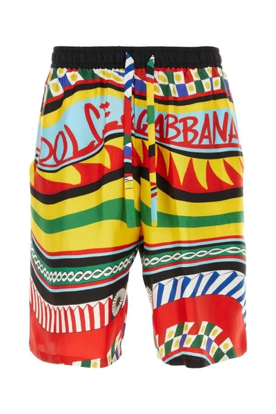 Dolce & Gabbana Bermuda Jogging Twill Di Seta Stampa Carretto In Multicolor