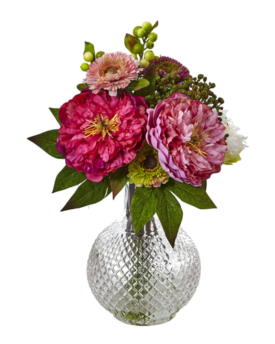 Nearly Natural Peony And Mum In Glass Vase