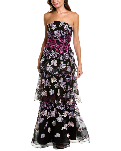 Marchesa Notte Copy Of Embroidery On Tulle 3-tiered Gown In Black