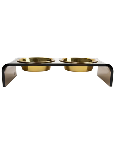 Hiddin Small Smoke Grey Double Bowl Pet Feeder With Gold Bowls