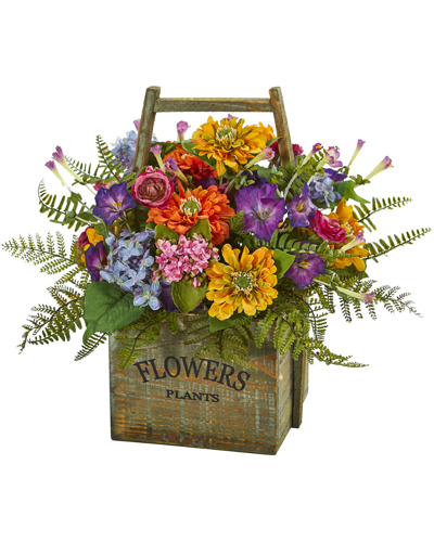 Nearly Natural Mixed Floral Artificial Arrangement In Wood Basket