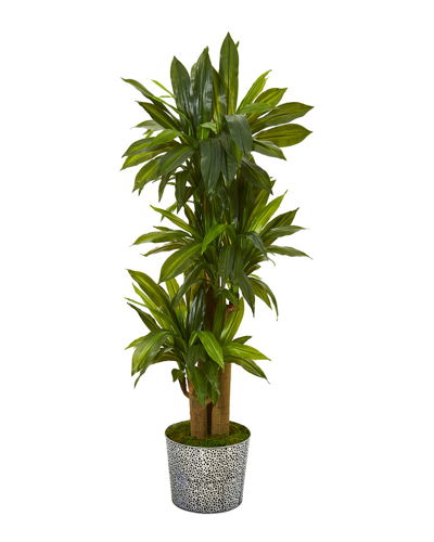 Nearly Natural 58in. Corn Stalk Dracaena Artificial Plant In Black Embossed Tin Planter Real Touch In Green