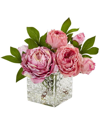 Nearly Natural Peony In Glass Vase In Pink