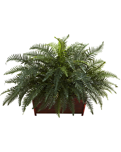 Nearly Natural River Fern W/ Wood Planter In Green