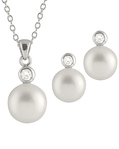 Splendid Pearls Silver 8-8.5mm Freshwater Pearl & Cz Earrings & Necklace Set