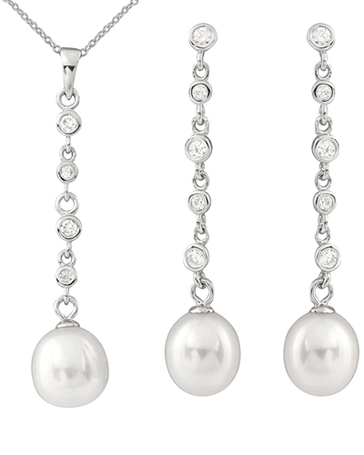 Splendid Pearls Silver 8-9mm Freshwater Pearl & Cz Necklace & Earrings Set