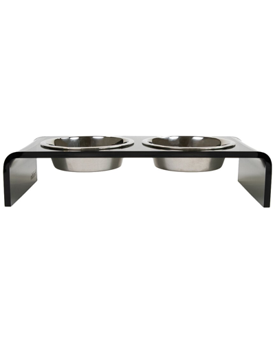 Hiddin Small Smoke Grey Double Bowl Pet Feeder With Silver Bowls