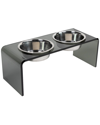 HIDDIN HIDDIN MEDIUM SMOKE GREY DOUBLE BOWL PET FEEDER WITH SILVER BOWLS