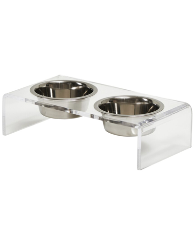 Hiddin Small Clear Double Bowl Pet Feeder With Silver Bowls