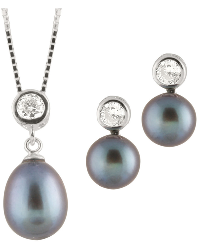 Splendid Pearls Rhodium Plated 8-8.5mm Pearl Drop Earrings & Necklace Set