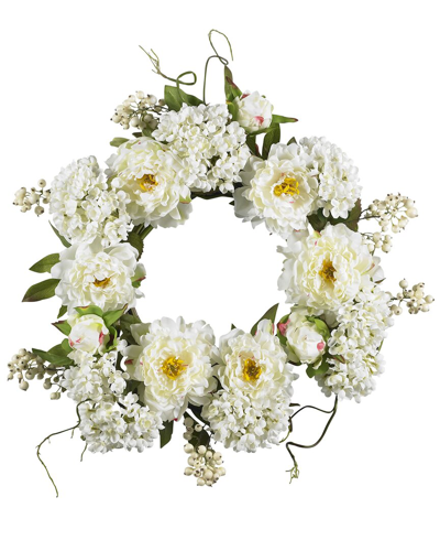 Nearly Natural 20in Peony Hydrangea Wreath In White