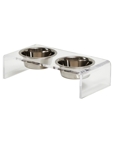 Hiddin Small Clear Double Bowl Pet Feeder, 3.5 Cup Silver Bowls