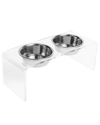 Hiddin Medium Clear Double Bowl Pet Feeder With Silver Bowls In Silver