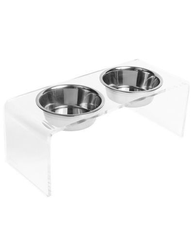 Hiddin Medium Clear Double Bowl Pet Feeder With Silver Bowls