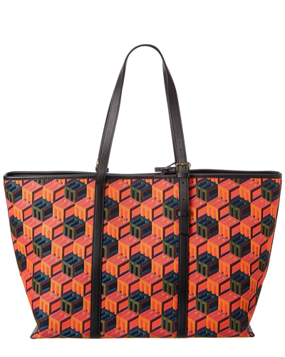 Mcm Women's Orange/red Cubic Logo Jacquard Medium Tote Leather Trim