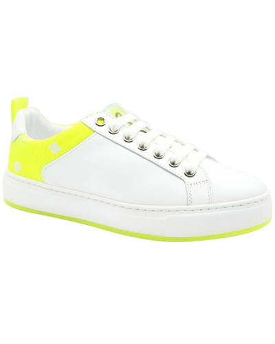 Mcm Women's White Leather Neon Green Logo Trim Low Top Sneaker Mes9alc67wt