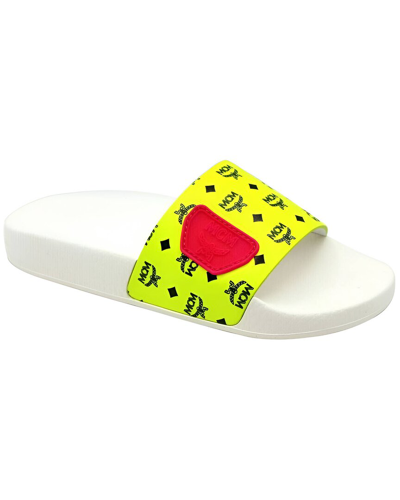 Mcm Women's White / Neon Yellow Logo Leather Rubber Slides Sandals (36 Eu / 6 Us)