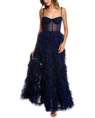 Marchesa Notte Dotted Tulle Textured Gown In Navy